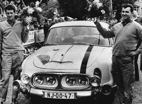 Zdeněk Čechmánek, Alois Mark and Tatra 2-603 after successful GT race in Marathon de la Route 1965, the GT is placed in 4th place.