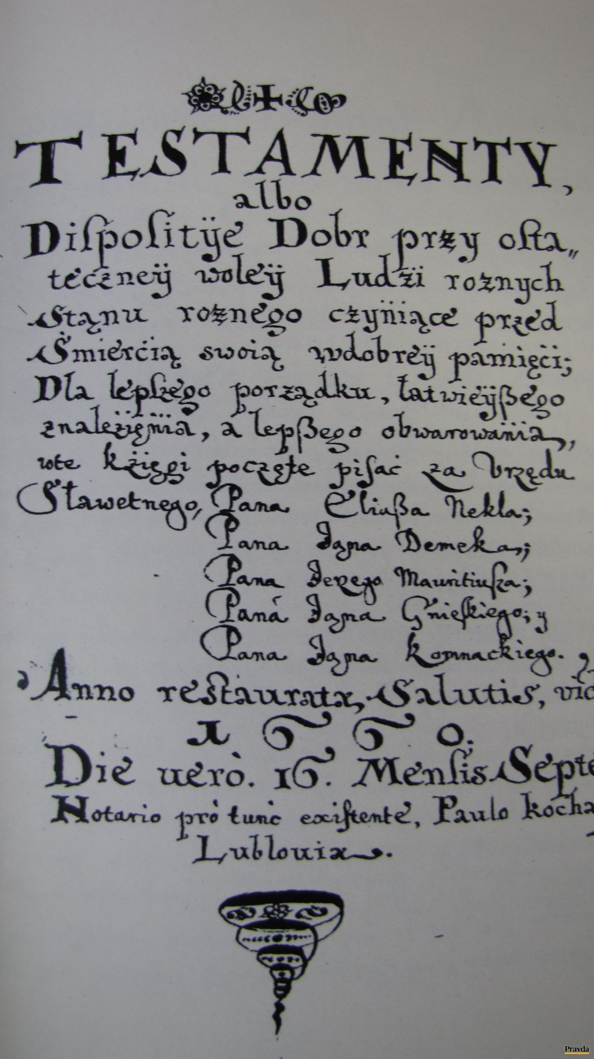 Jeden z testamentov mešťanov. Originál je písaný v
poľštine.