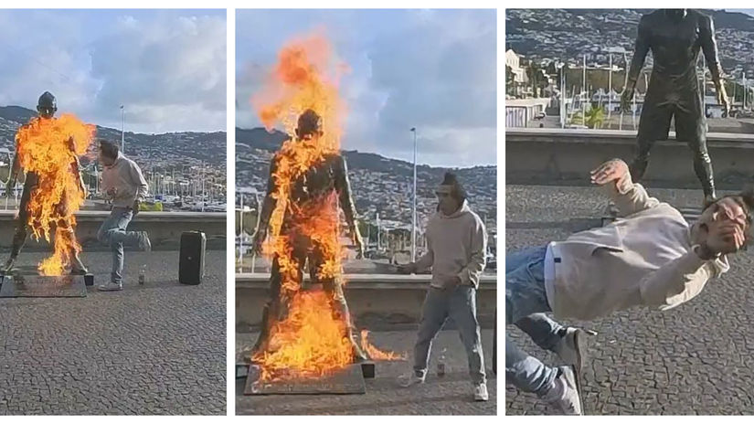 Bronzov&eacute;ho Cristiana Ronalda polial horľavinou a zap&aacute;lil. P&aacute;chateľovi hrozia v&aacute;žne probl&eacute;my