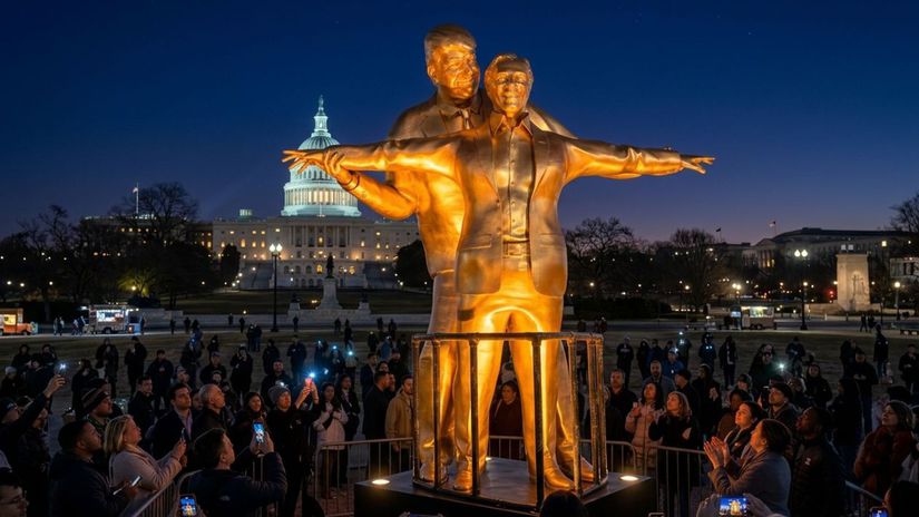 &bdquo;Kr&aacute;ľ sveta&ldquo;? Pred s&iacute;dlom Kongresu USA pribudla kontroverzn&aacute; socha Trumpa a Epsteina v &scaron;t&yacute;le romance z Titaniku