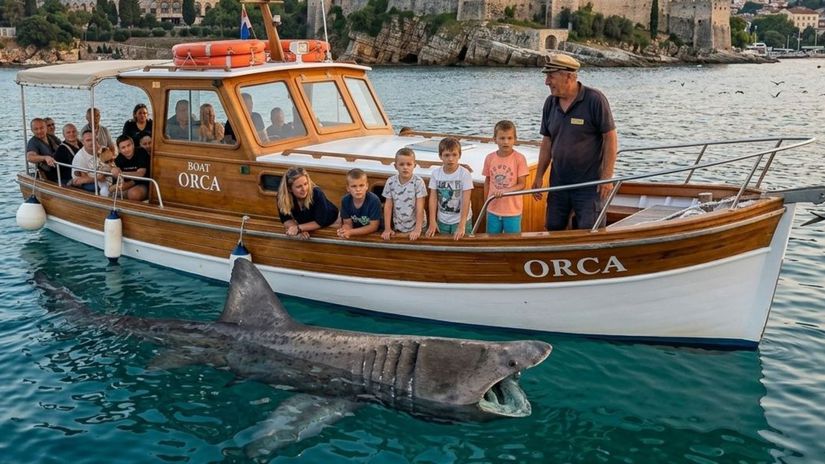 Osmmetrov&yacute; žralok pri pobrež&iacute; Chorv&aacute;tska pl&aacute;val okolo lode plnej turistov