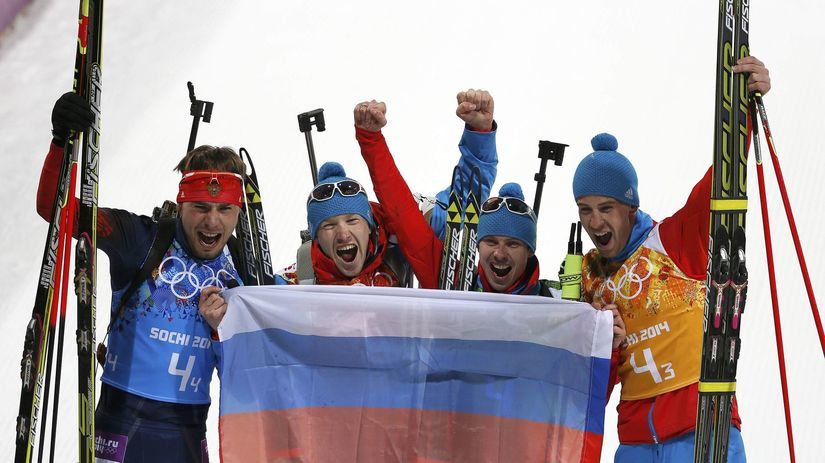 Rusko, biatlon, muži, radosť, Soči