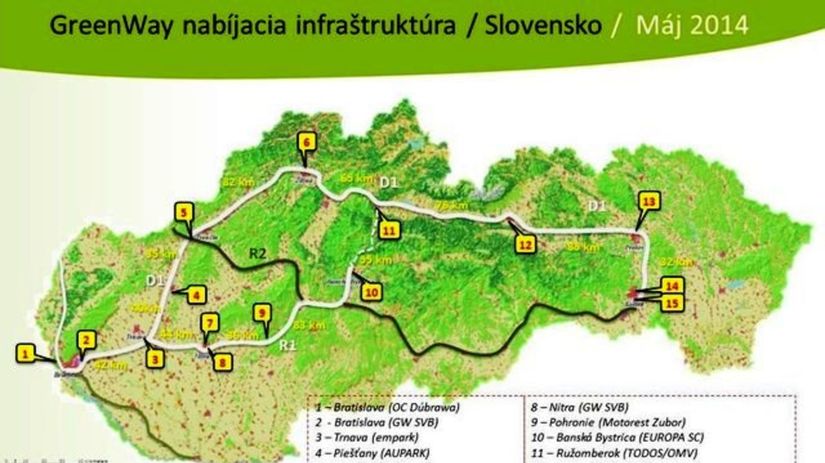 Mapa siete nabíjacích staníc GreenWay.