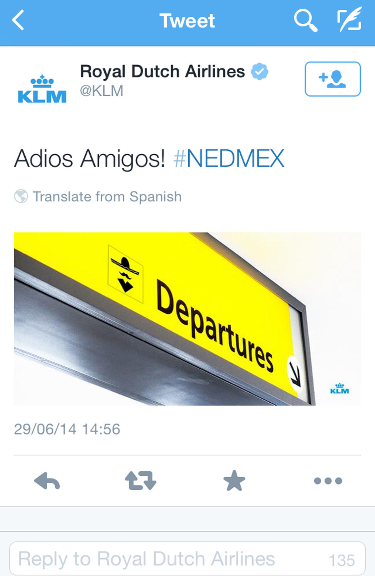 Odkaz spoločnosti KLM na Twitteri.