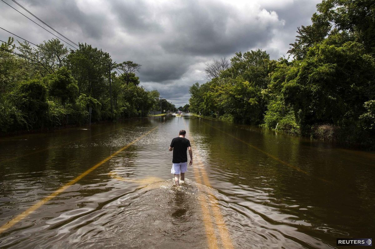 záplavy, cesta, voda, Long Island