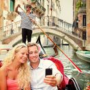 Benátky, cestovanie, kanál, gondola, gondolier, pár, selfie, Taliansko,