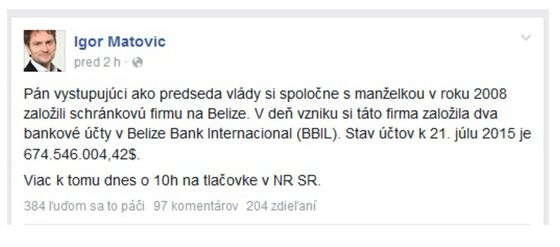 Status Igora Matoviča na Facebooku.
