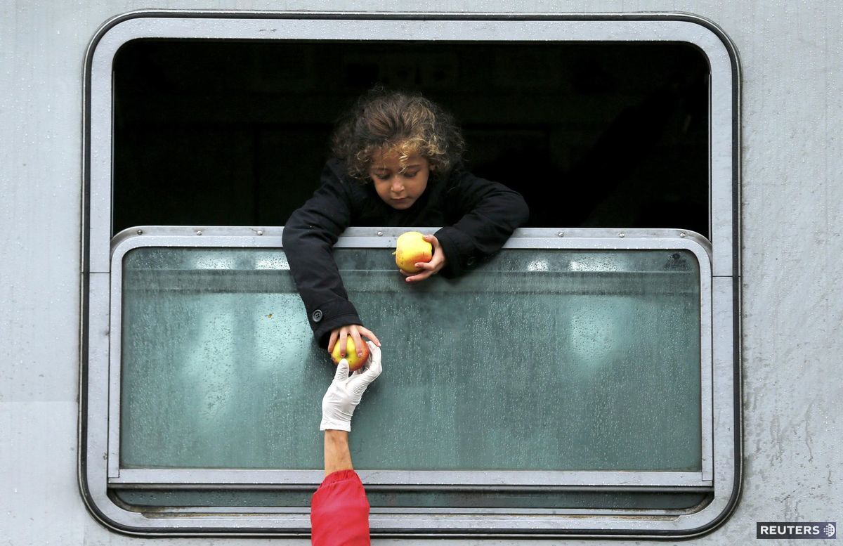 migranti, vlak, utečenci, jablká, jablko, jedlo, dar, pomoc, okno, železnica,