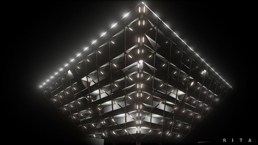 Ukážka inštalácie na budove obrátenej pyramídy...