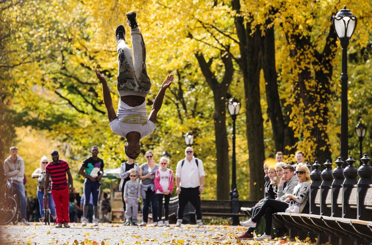 USA, Central Park, New York, umelec, salto, premet, akrobat