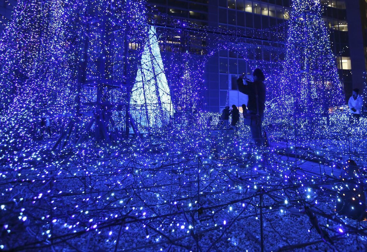 Japonsko, Vianoce, svetlá, sviatok, modré svetlá, stromček