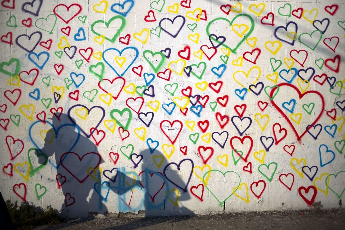 srdiečka, láska, stena, srdcia, srdce, graffiti, dvaja, dvojica, zaľúbenci