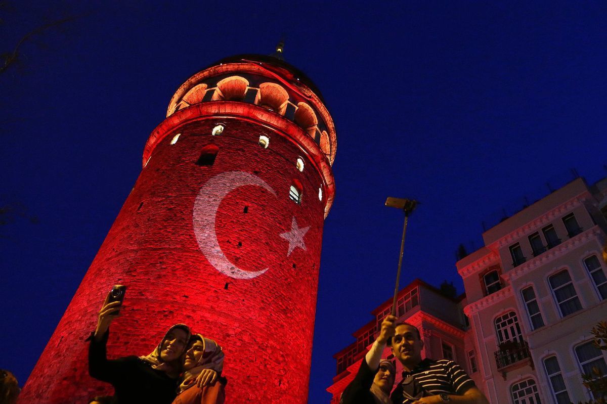 Turecko, veža, vlajka, selfie, veža Galata, Istanbul