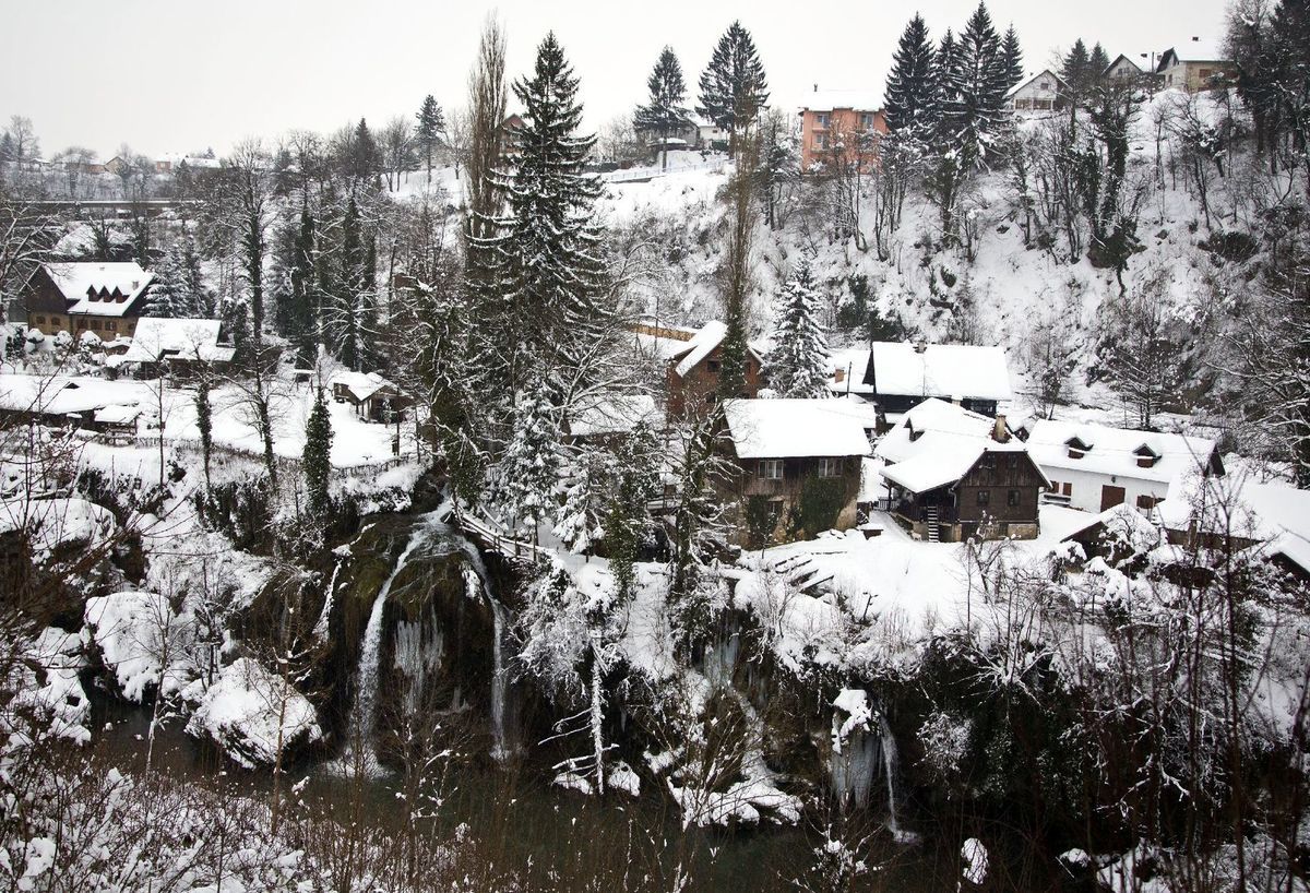 zima, sneh, Chorvátsko, dedina, potok, rieka