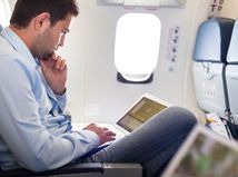 lietadlo, paluba, cestujúci, tablet, počítač