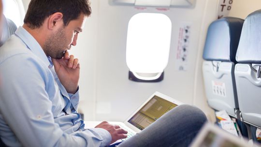 lietadlo, paluba, cestujúci, tablet, počítač