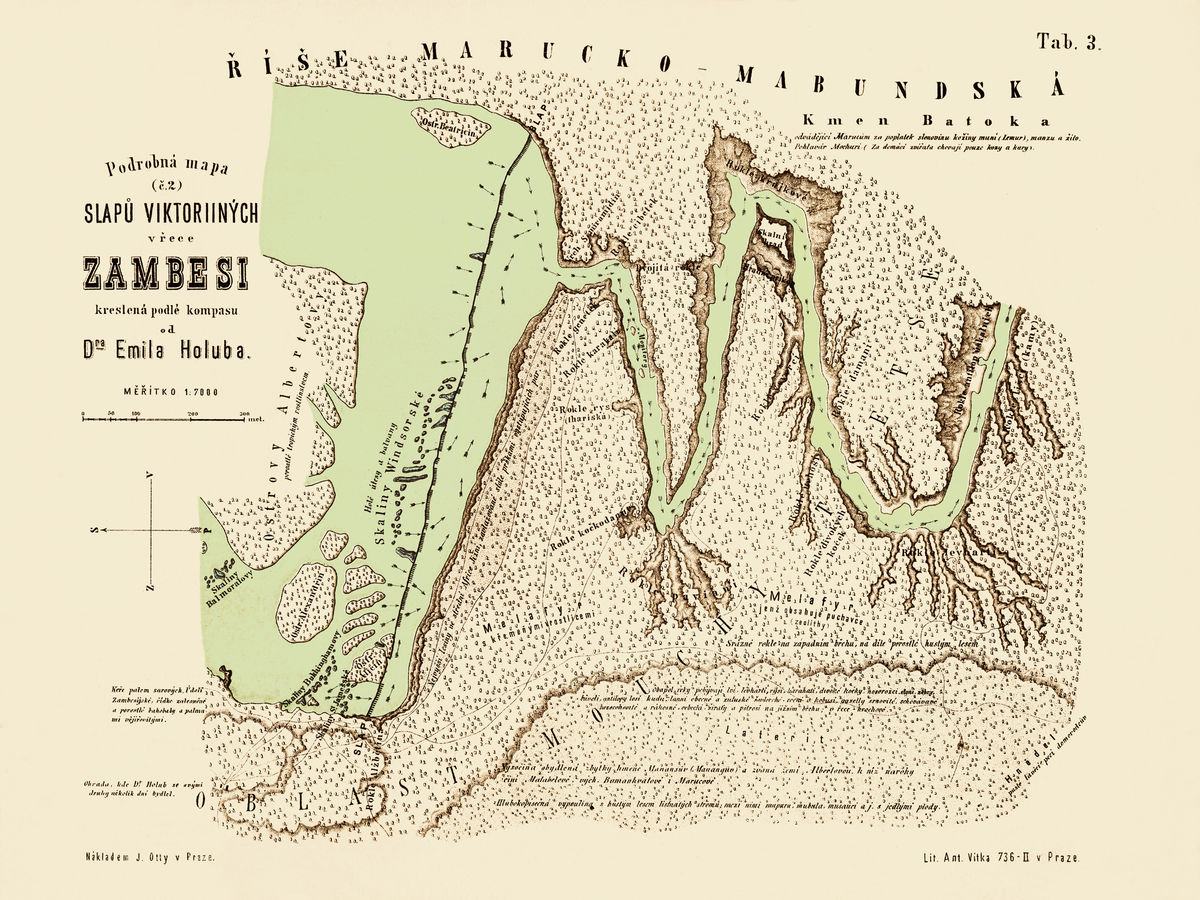 Mapa Viktóriiných vodopádov od Emila Holuba.