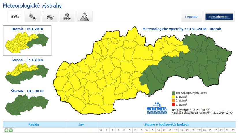 Meteorologické výstrahy na utorok 16. januára...