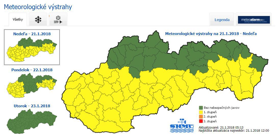 Výstrahy na nedeľu 21.1.2018.