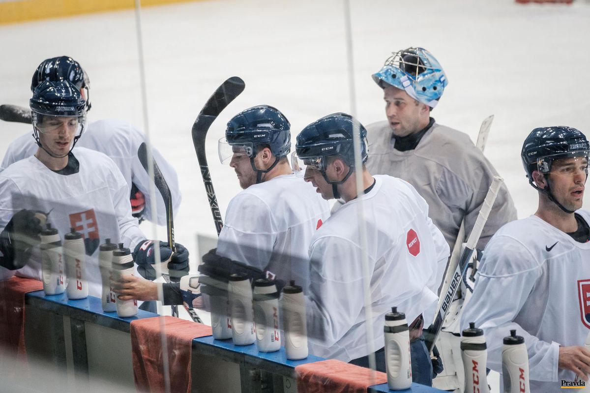 Slovenskí hokejisti na tréningu.