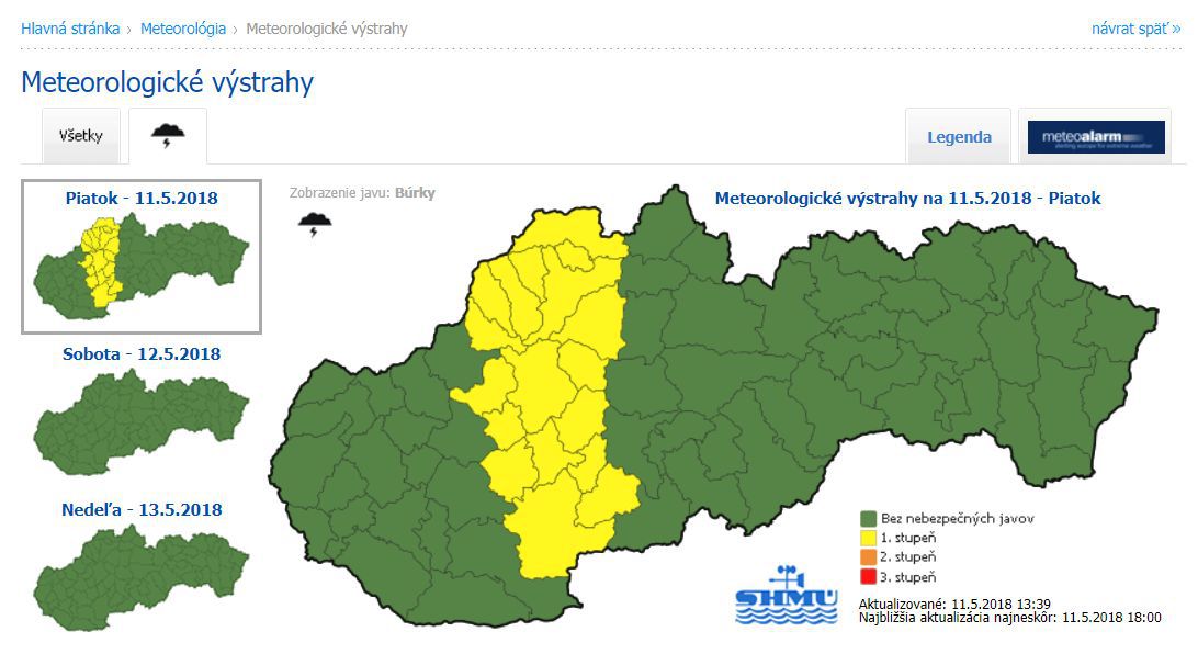 Meteorologické výstrahy na piatok 11. mája 2018.