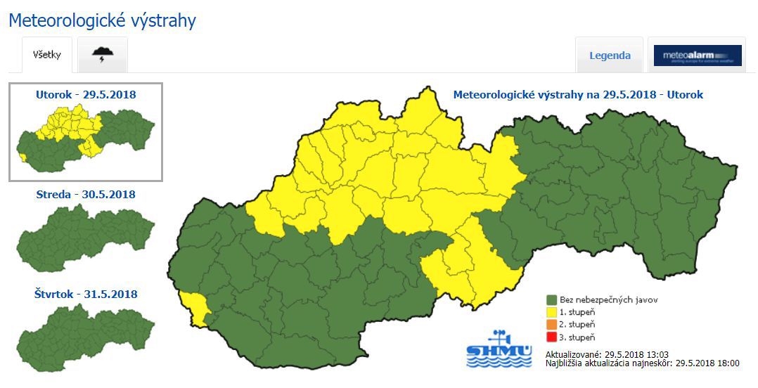 Meteorologické výstrahy na utorok 29. mája 2018.