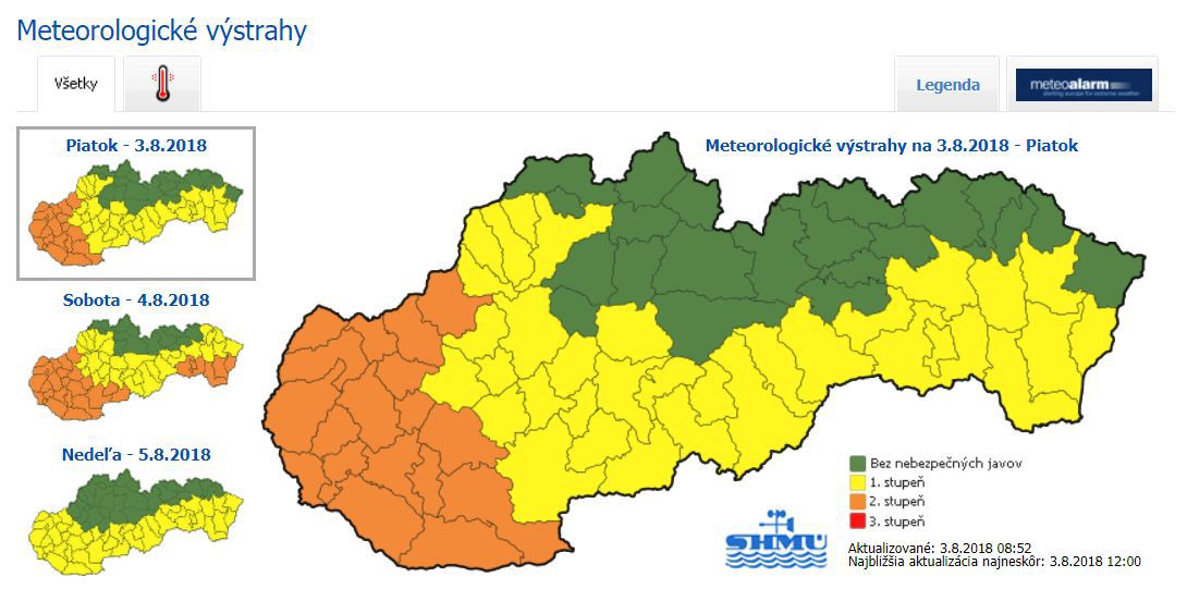 Meteorologické výstrahy na piatok 3. augusta.