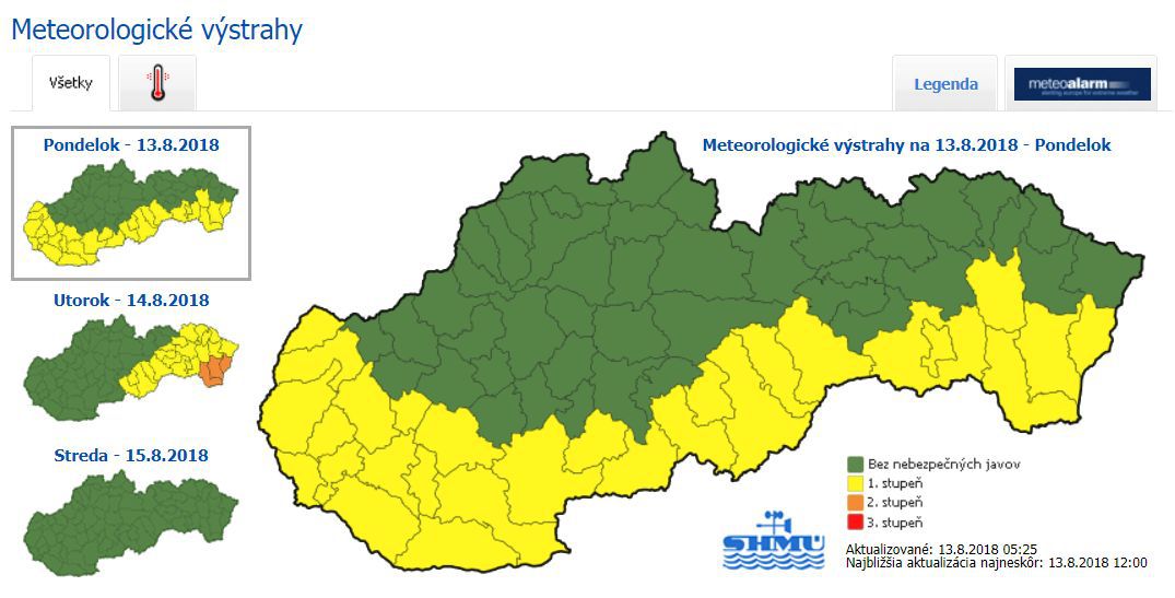 Meteorologické výstrahy na pondelok 13. augusta.