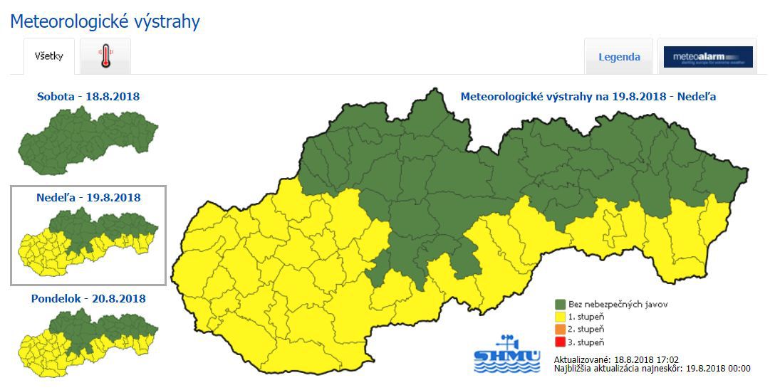 Meteorologické výstrahy na nedeľu 19. augusta.