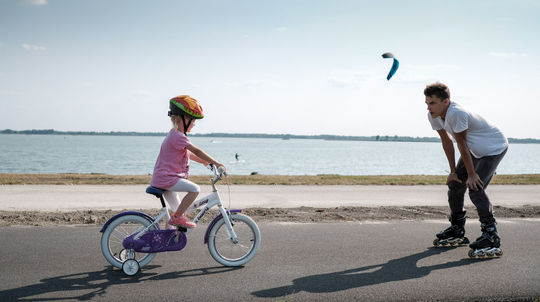 počasie, hrádza, dieťa, dunaj, korčule, bicykel