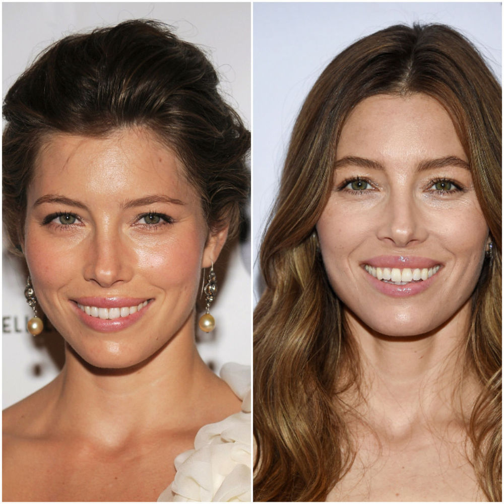Herečka Jessica Biel v roku 2008 (vľavo) a o 10...