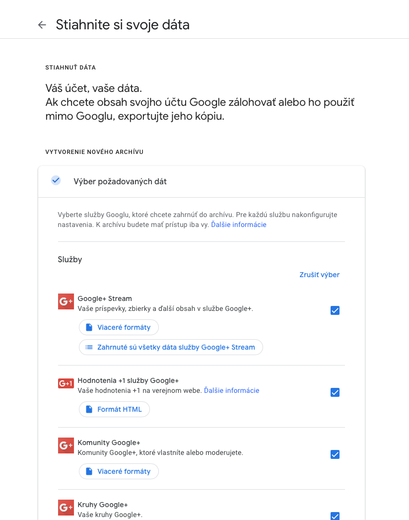Formulár na stiahnutie údajov zo služby Google+.