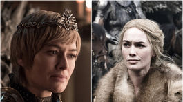 Herečka Lena Headey (predstaviteľka Cersei Lannisterovej) na zábere z ôsmej série (vľavo) a v prvej sérii seriálu Hra o tróny. 
