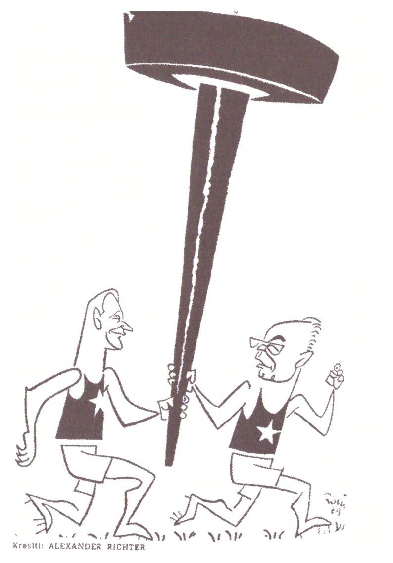 Dubček odovzdáva štafetu Husákovi na karikatúre...