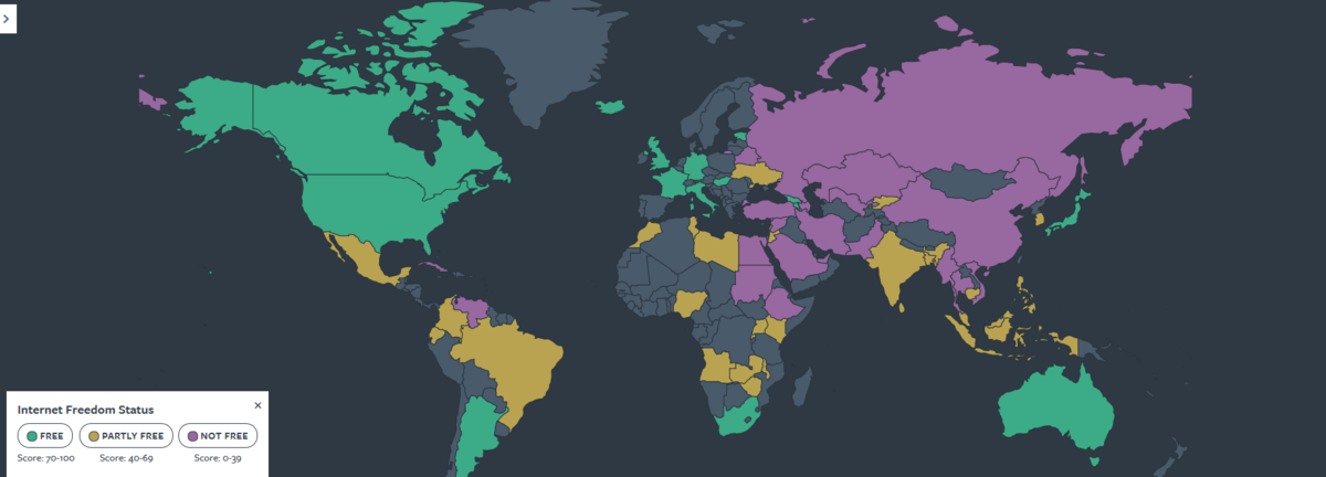 Stav slobody na internete (zelená - slobodný,...