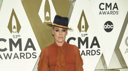 Pink prišla v šatách Julea Domani, ktoré doplnila klobúkom. 