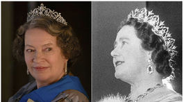 Herečka Marion Bailey (vľavo) stvárňuje v seriáli The Crown Kráľovnú Alžbetu Matku (achívny záber z roku 1954)..  