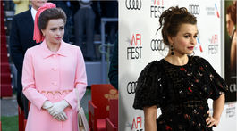 Herečka Helena Bonham Carter ako princezná Margaret v seriáli The Crown (vľavo) a v civile. 
