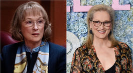 Herečka Meryl Streep v seriáli Veľké malé klamstvá (vľavo) a v civile. 