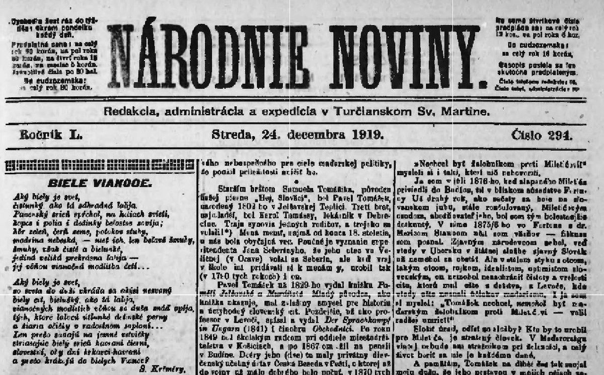 Titulná stránka Národných novín 24.12. 1919.