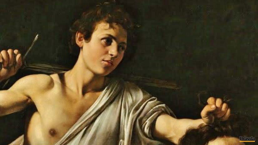 Caravaggio: David s hlavou Goliáša, okolo r....