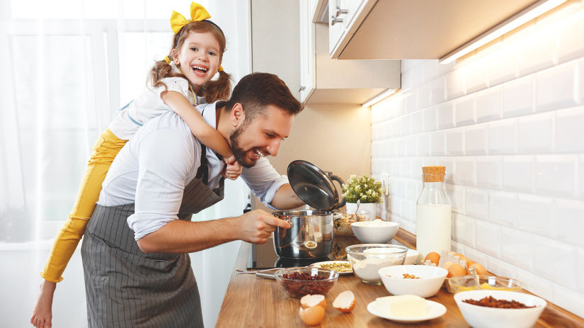 kuchyňa, otec, dieťa, dcéra, radosť, varenie