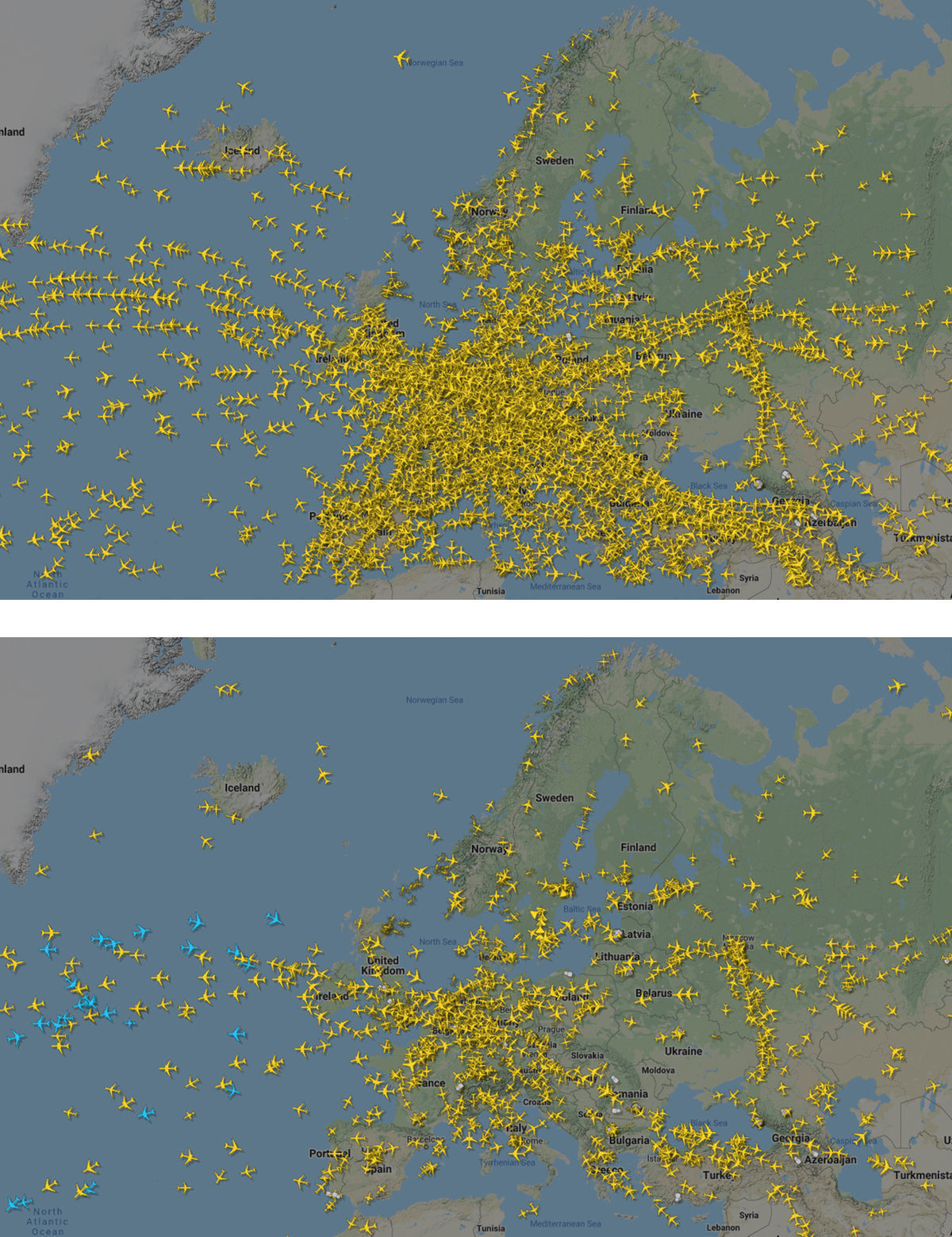 Na snímkach z Flightradar24 hore je hustota...