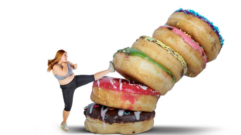 žena, obezita, šišky, donuts, boj