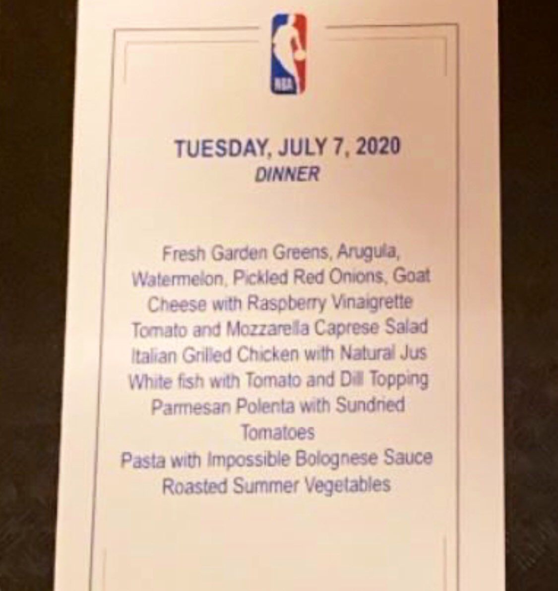 Ukážka jedálneho lístka pre hráčov NBA v...