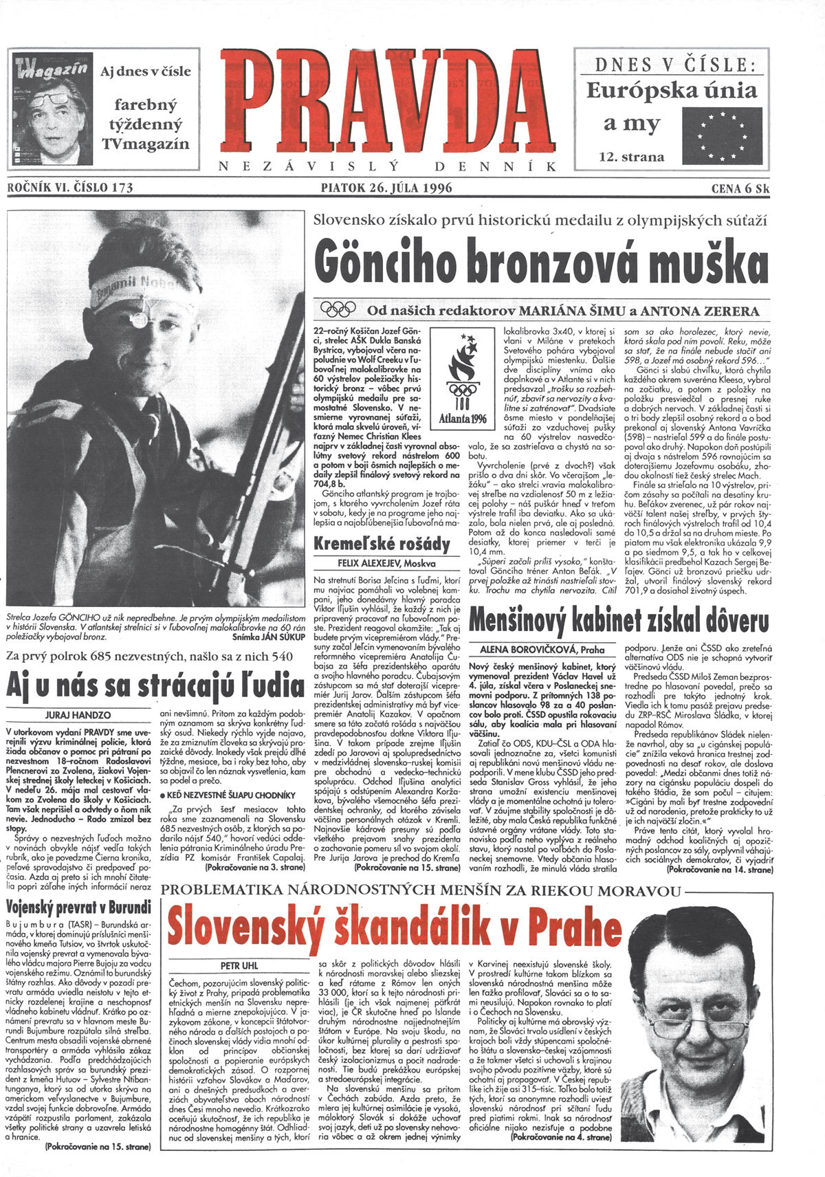 Titulná strana denníka Pravda z 26. júla 1996.