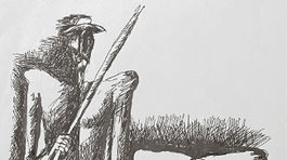 Rytier Don Quijote de la Mancha a jeho verny zbrojnos Sancho Panza  2019  kresba perom  29 x 21 cm  sukromna zbierka.