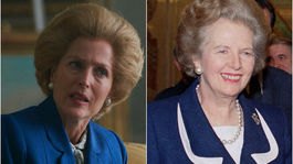 Herečka Gillian Anderson ako Margaret Thatcherová (vľavo) a britská premiérka na archívnej snímke. 