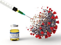 Realistic 3D Illustration of COVID-19 Vaccine. Corona Virus SARS CoV 2, 2019 nCoV virus destruction.  A vaccin against coronavirus disease 2019. Breakthrough in the Creating of a COVID-19 Vaccine.