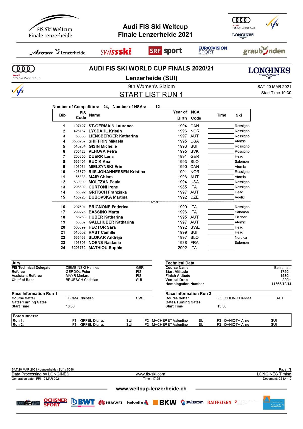 Štartová listina 1. kola slalomu v Lenzerheide.